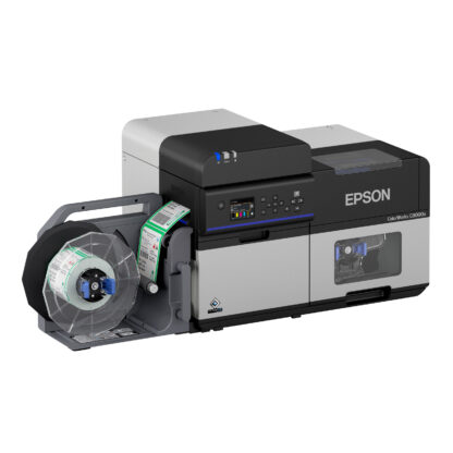 Epson CW-C8000u Printer Shown with Optional Rewinder TU-RC8000 Take-Up Unit